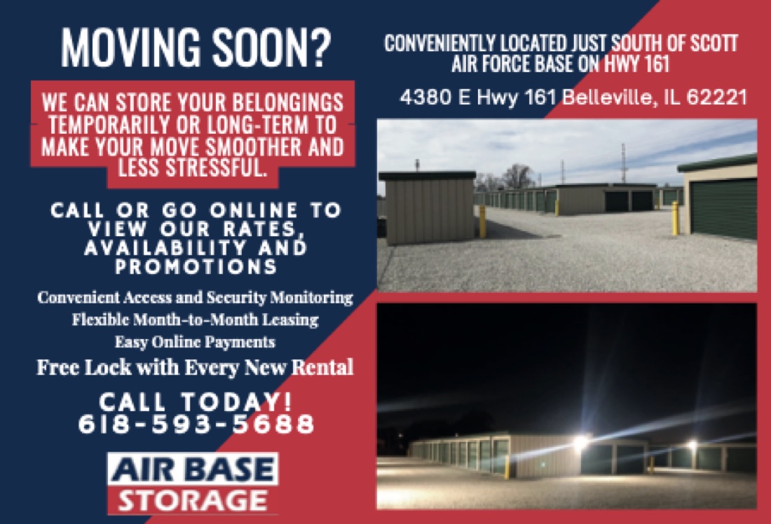Direct-mail postcard for Air Base Storage in Belleville, Illinois, headlined “Moving soon?” with facility photos and a call-to-action.