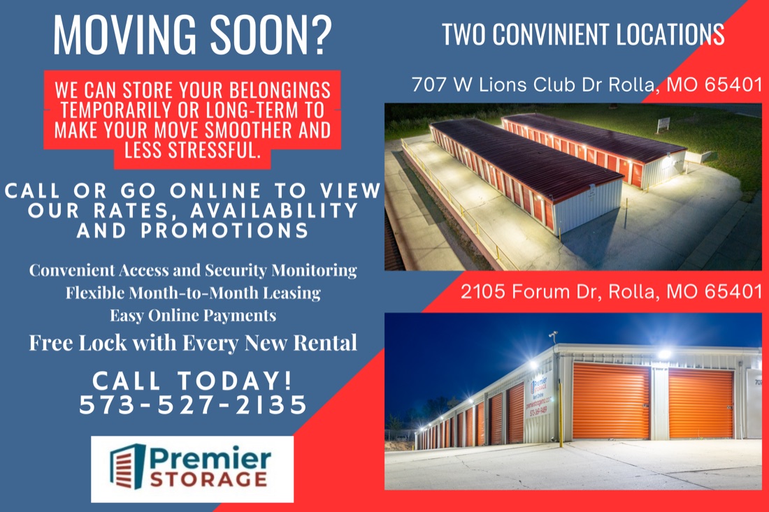 A real postcard mailed to a homeowner who just listed their home — Premier Storage, Rolla, MO.